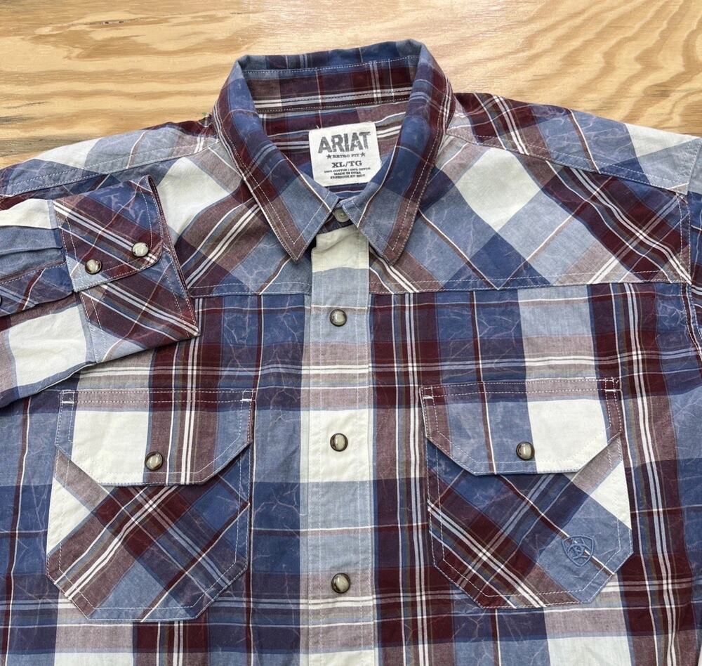 Ariat Retro Fit Pearl Snap Plaid Button Down Shirt Men’s XL Blue Western Cowboy